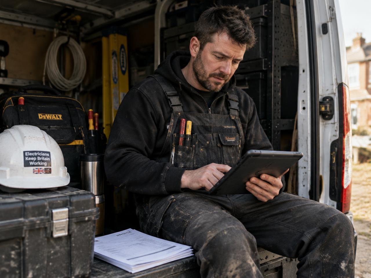 A tradesperson doing paperwork and an invoice in the back of a work van